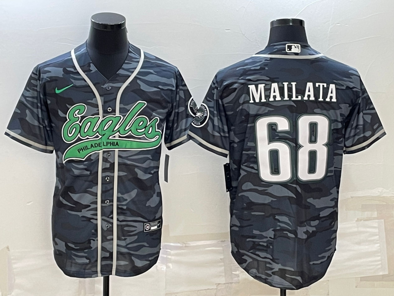 Men's Philadelphia Eagles #68 Jordan Mailata Gray Camo With Patch Cool Base Stitched Baseball Jersey
